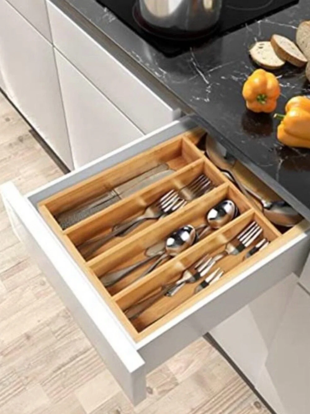 Bamboo 5‑Compartment Silverware Drawer Organizer Like New Condition